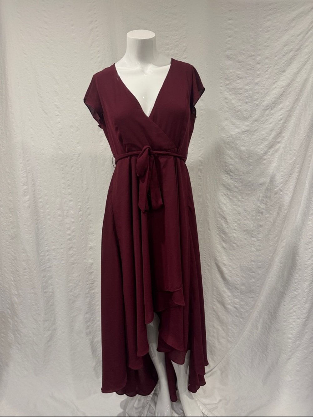Windsor Burgundy High Low Ruffle Dress,Tie Waste, Formal Midi Maxi-Small